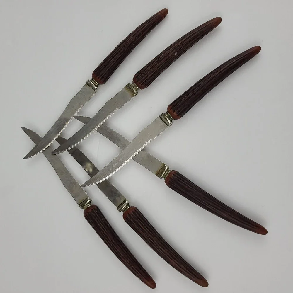 6 Vtg Regal Crest Steak Knives Sheffield England Stag Type Handles Stainless